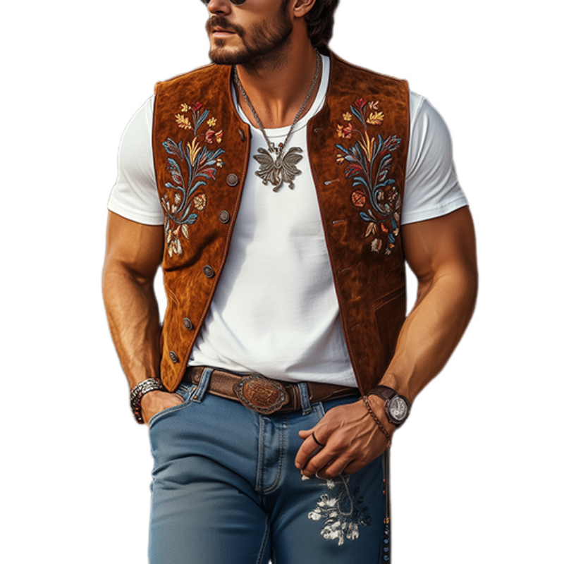 Klassisk retro vestlig cowboystil for menn brodert uformelt semsket skinnvest 17190584K