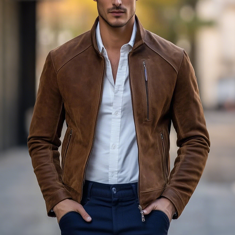 Men's Faux Suede Stand Collar Multi-Pocket Zipper Casual Jacket MTA0567I7Z