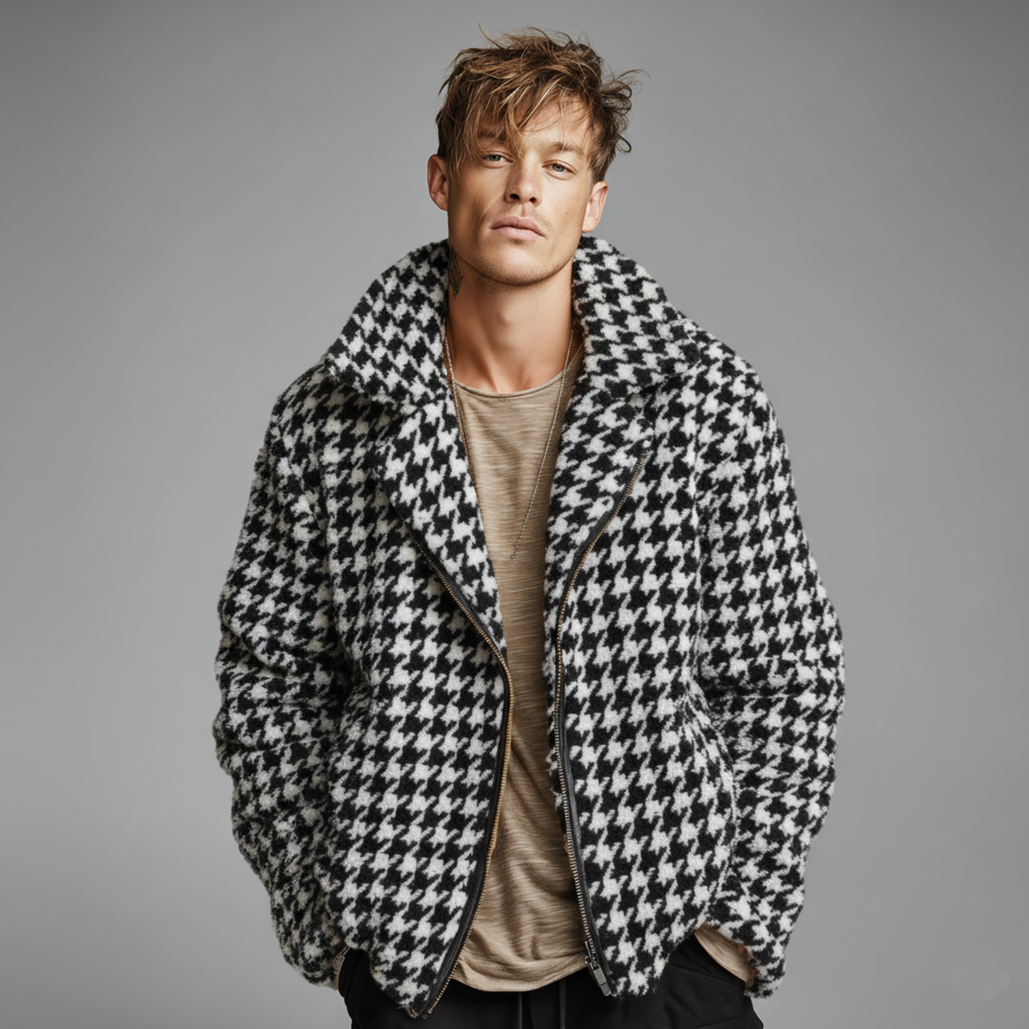 Men's Classic Casual Lapel Zipper Houndstooth Faux Sherpa Jacket MTA2063J0K