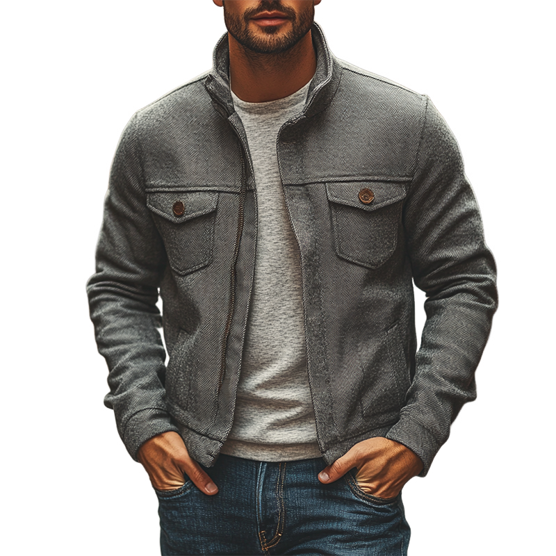 Men's Fine-textured Stand-up Collar Solid Color Zip-up Jacket MTA3016J4X