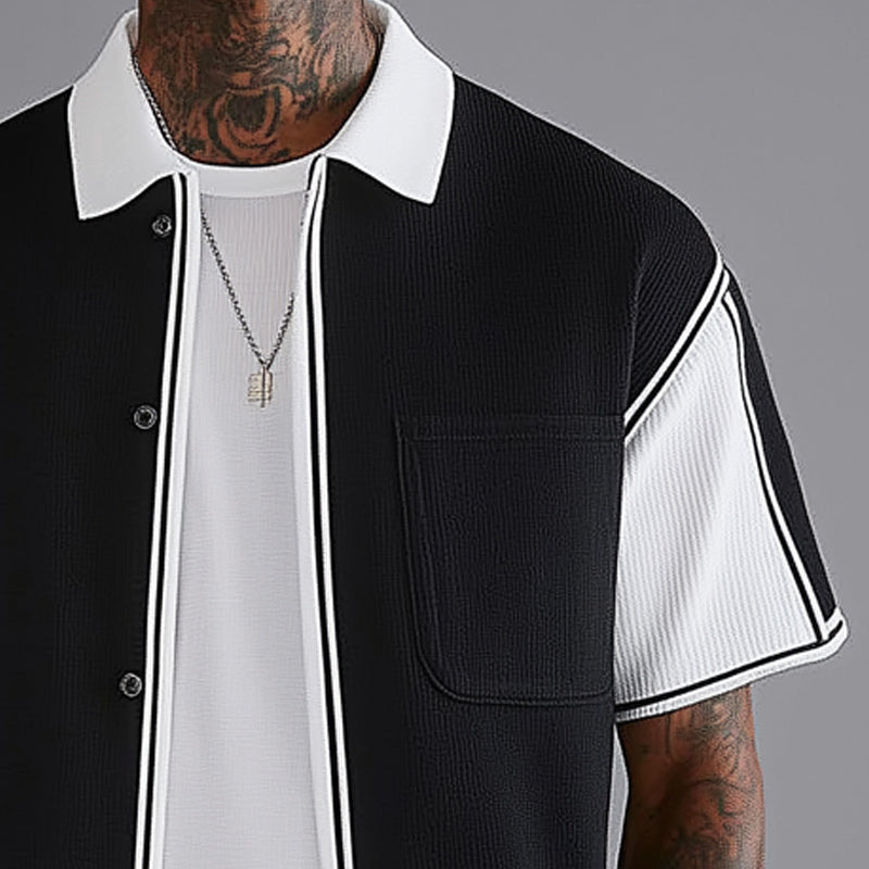 Men's Business Black And White Stitching Knitted Short-Sleeved Shirt MTA0984E5U