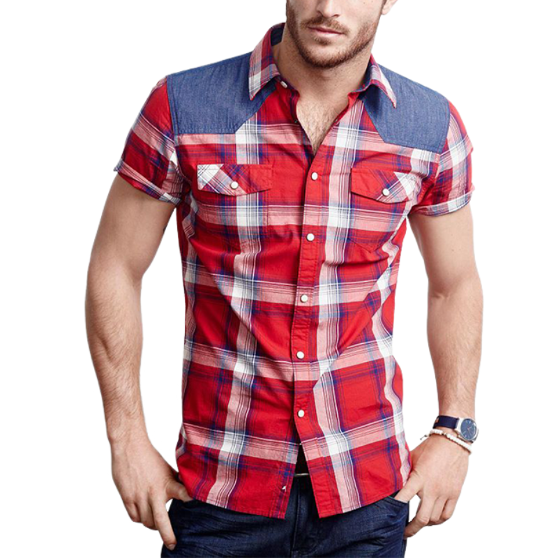 Men's Classic Casual Plaid Patchwork Denim Short-sleeved Shirt 20652113K