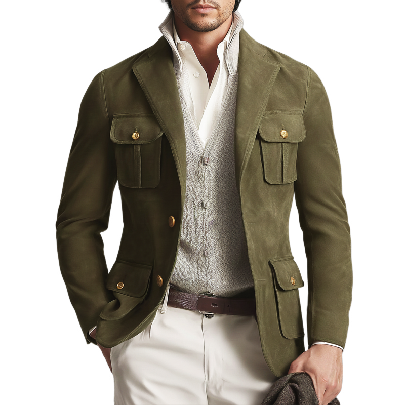 Men's Business Army Green Two-button Suede Jacket MTA1036J6U