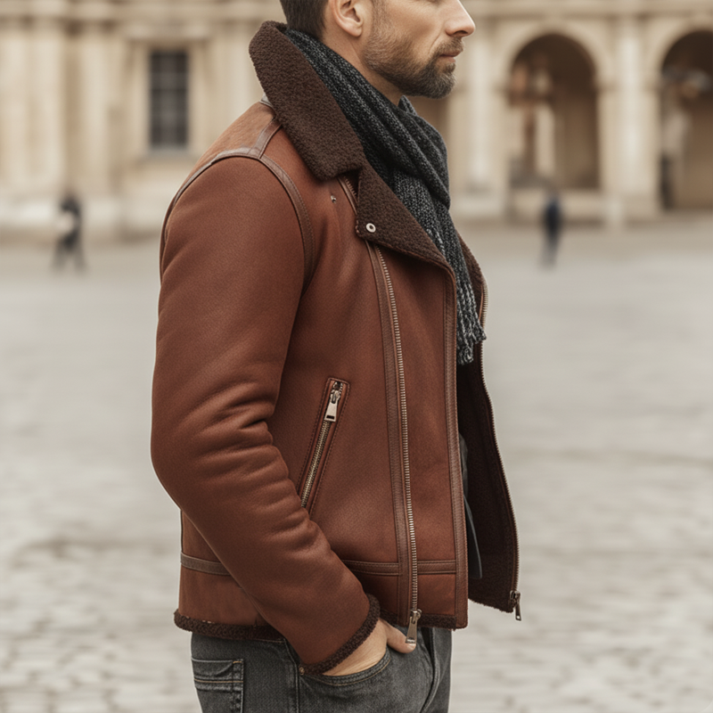 Men's Urban Reddish Brown Suede Warm Lambswool Lined Jacket MTA1579K5U