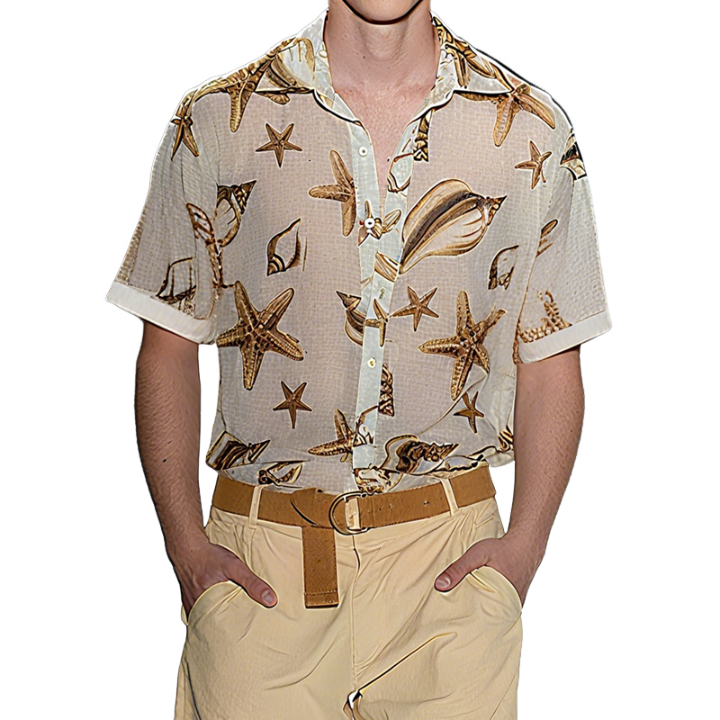 Men's Spring And Summer Fashion Casual Slightly Transparent Cool Chiffon Printed Short-sleeved Shirt MTA2452F7K