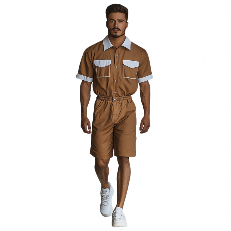 Men's Casual Cotton Blend Colorblock Lapel Chest Pocket Short Sleeve Shirt Shorts Slim Jumpsuit MTA2671E7M