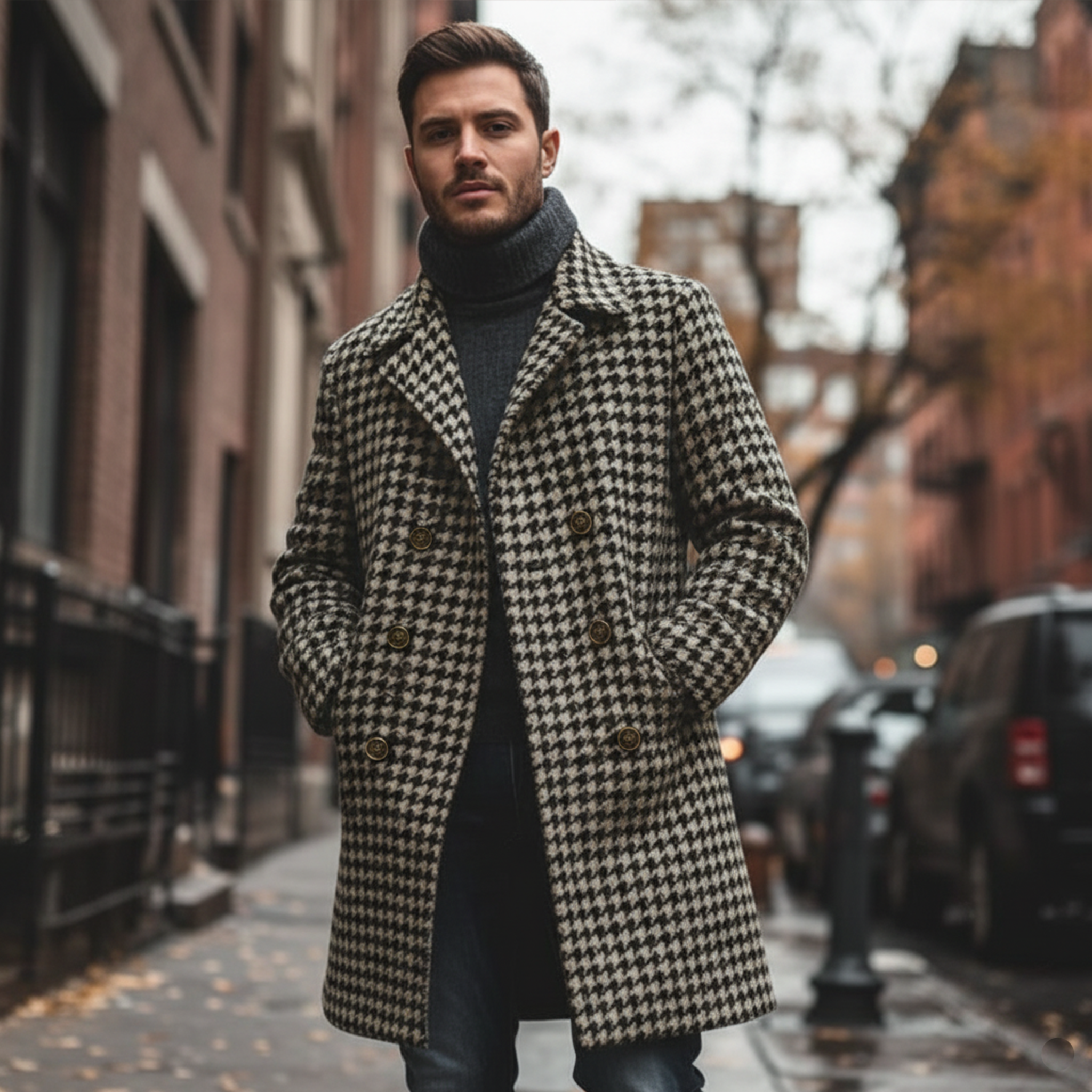 Men's Classic Retro Lapel Double-breasted Houndstooth Faux Wool Thigh-length Jacket MTA2479I0K