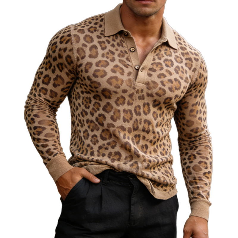 Men's Retro Casual Thin Leopard Print Knitted Lapel Sweater MTZ0830A6TO