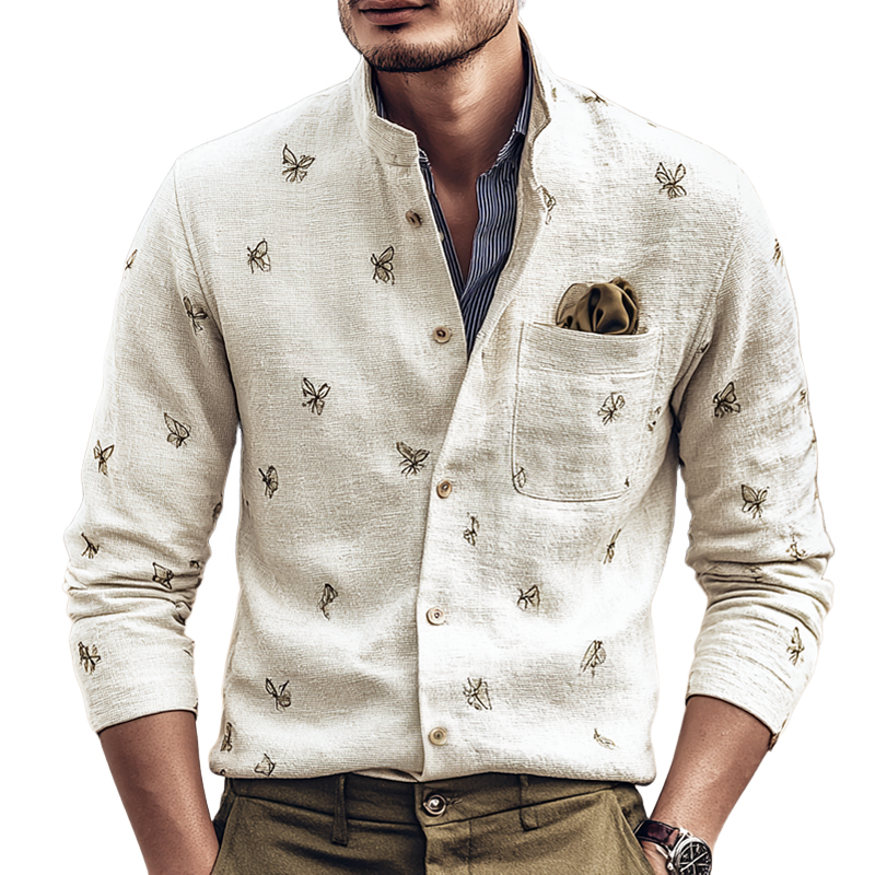Men's Butterfly Print Stand Collar Long Sleeve Shirt MTA1102I7Z