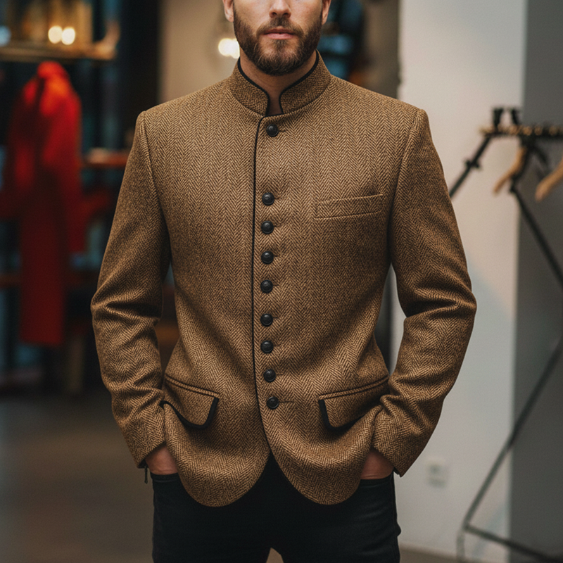 Men's Winter Retro Herringbone Faux Wool Stand Collar Coat MTA2104J7P