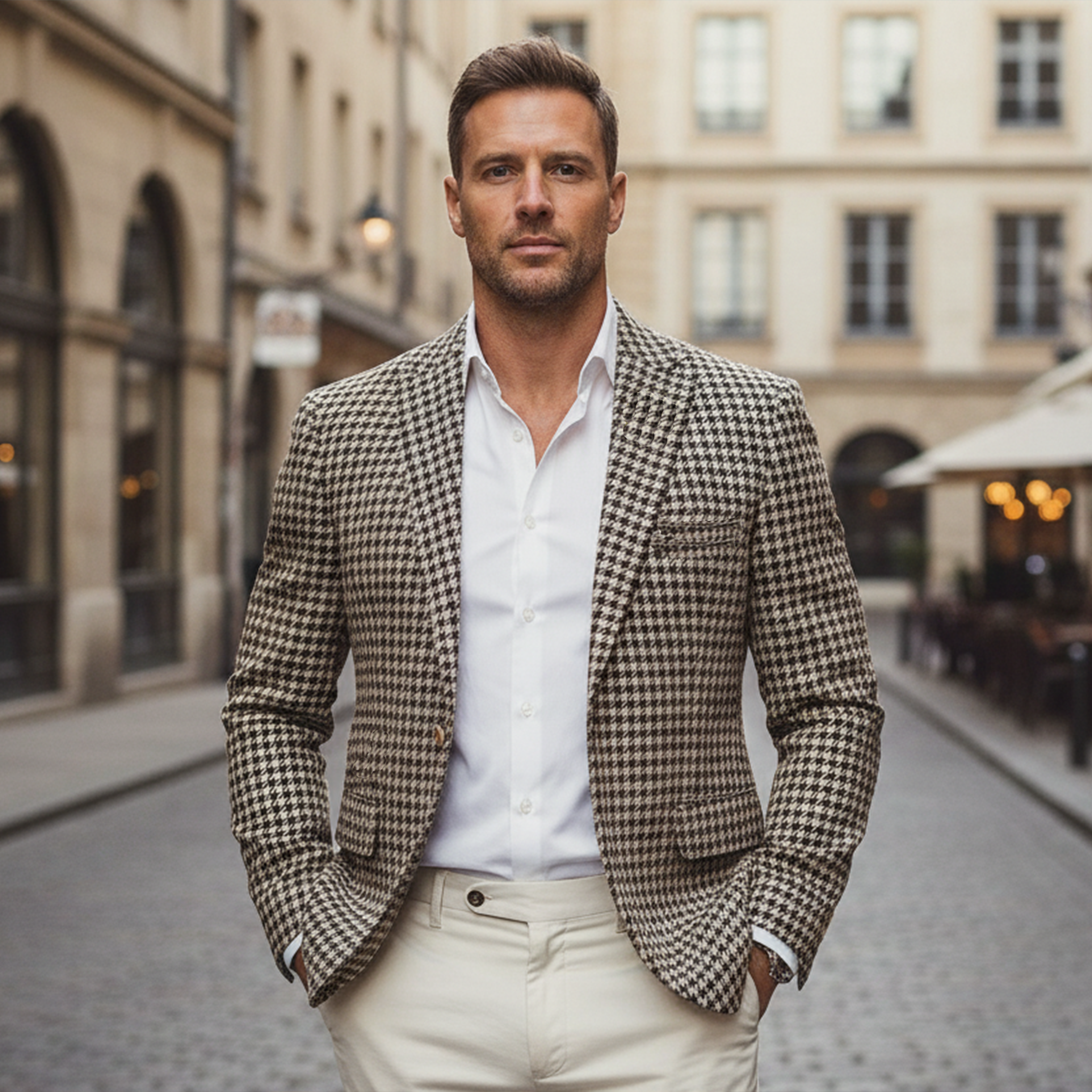 Men's Classic Light Business Faux Woolen Houndstooth Single-breasted Blazer MTA2289I6K