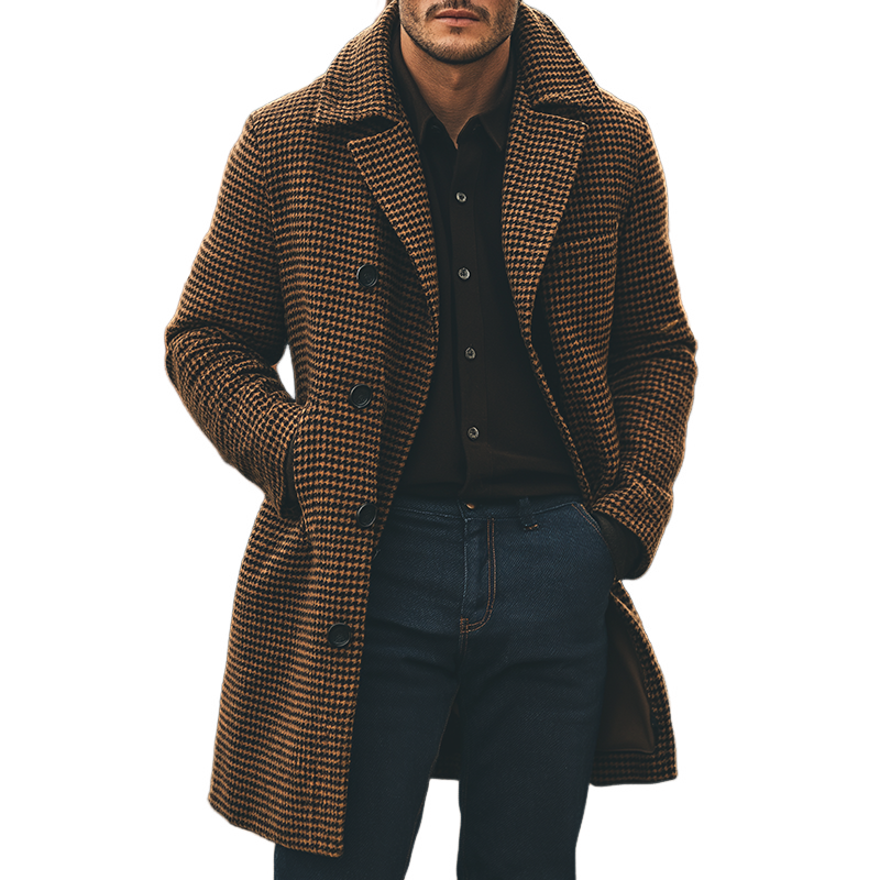 Men's Retro Casual Plaid Lapel Double-Breasted Mid-Length Coat MTA1634J2TO