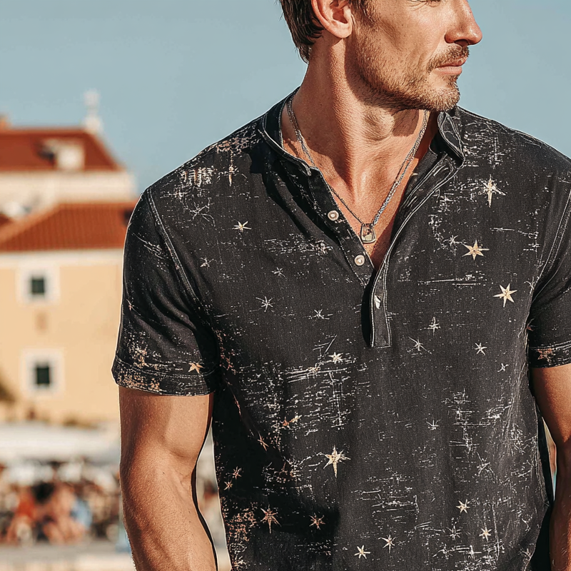 Men's Star Print Henley Neck Short Sleeve T-Shirt MTA1130G7X