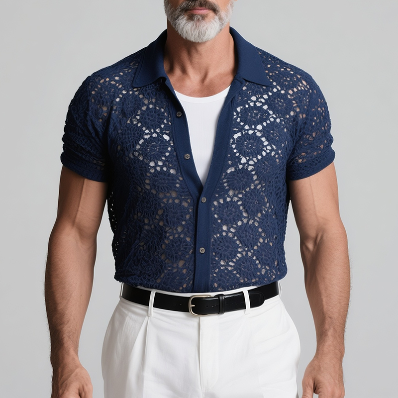 Men's Retro Casual Knitted Hollow Lapel Short Sleeve Shirt MTA2753F7TO