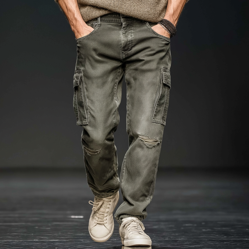 Men's Classic Distressed Ripped Multi-pocket Straight Jeans MTA2463J1U