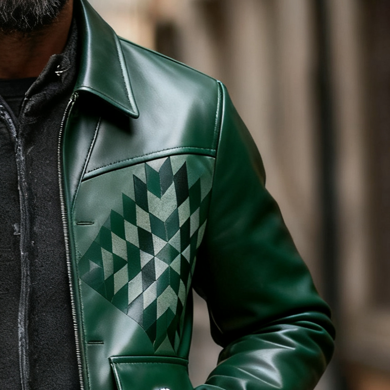 Men's Retro Geometric Print Lapel PU Single Breasted Jacket MTA2023J8X