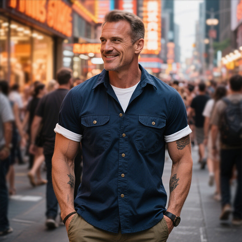 Men's Retro Casual British Style Outdoor Multi-Pocket Cotton Lapel Short Sleeve Shirt MTA1436E8TO