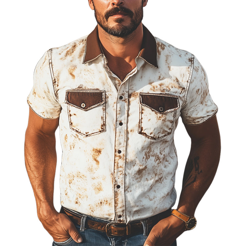 Men's Summer Western Cowboy Style Colorblock Print Short Sleeve Shirt MTA1617E4U