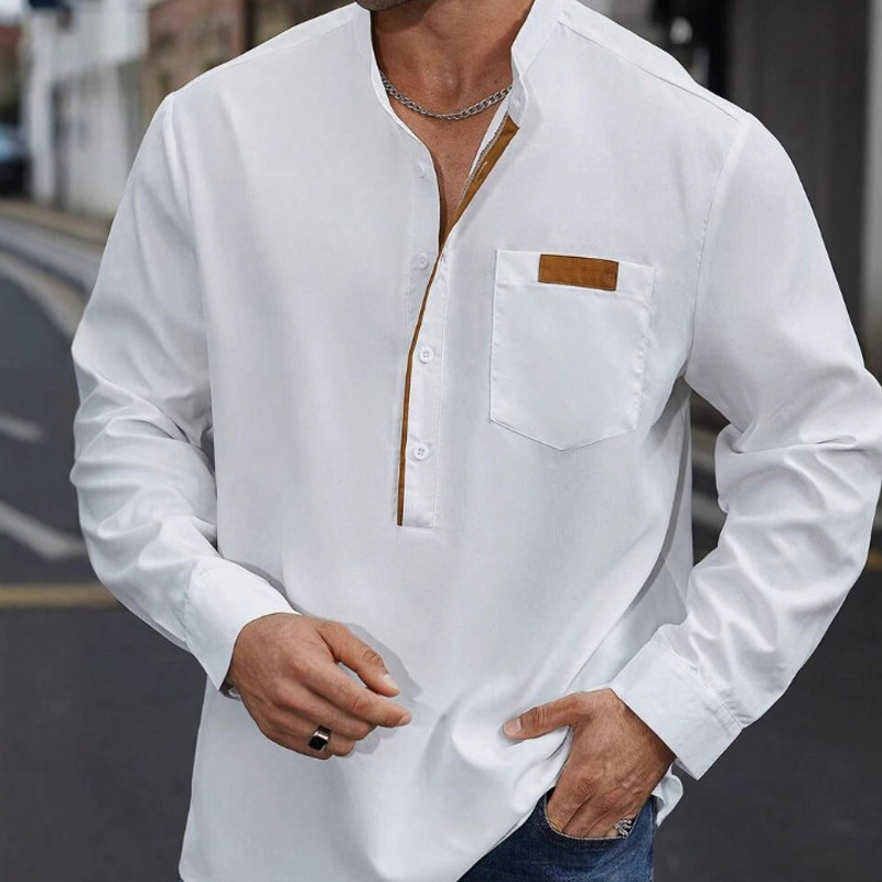 Men's Stand Collar Colorblock Long Sleeve Cotton Blend Shirt MTA2858G7X