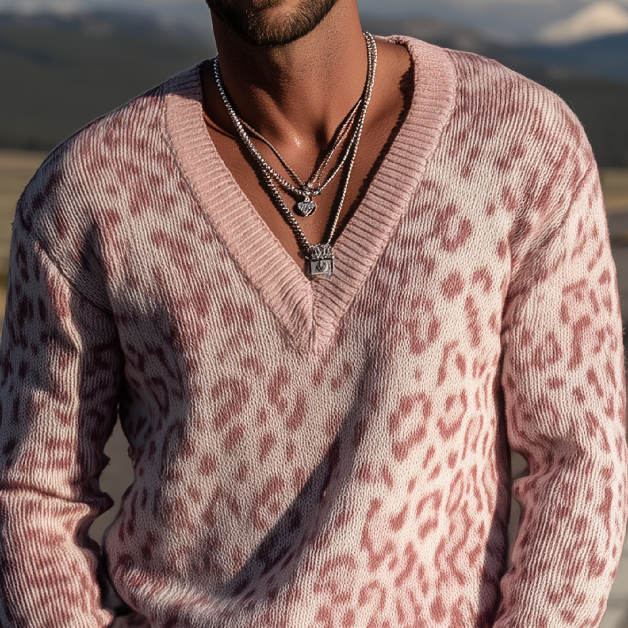 Men's Classic Vintage Leopard Print V-neck Sweater MTA0800H0K
