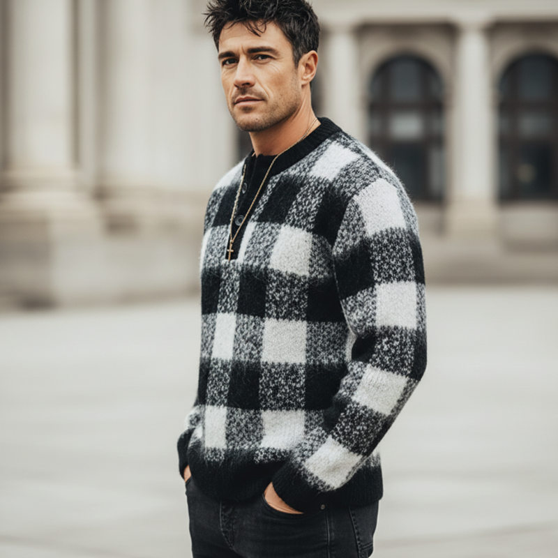 Men's Urban Three-Button Henley Collar Checkered Knit Sweater MTA1496K7U