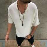 Men's Cotton and Linen Loose V-neck Short-sleeved T-shirt 49253378X