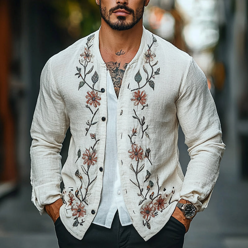 Men's Cotton and Linen Floral Embroidered Vintage Thin Jacket 50036991X