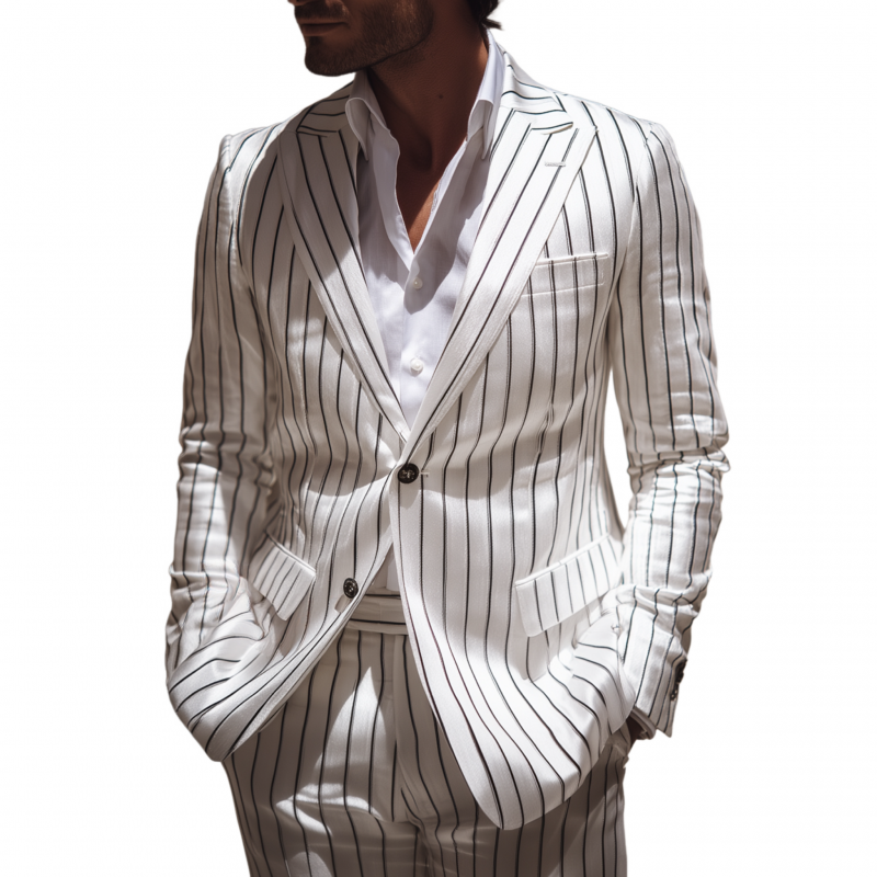 Men's Casual Cotton Linen Blend Striped Peak Lapel Single-breasted Slim-fit Blazer MTA3020G9M