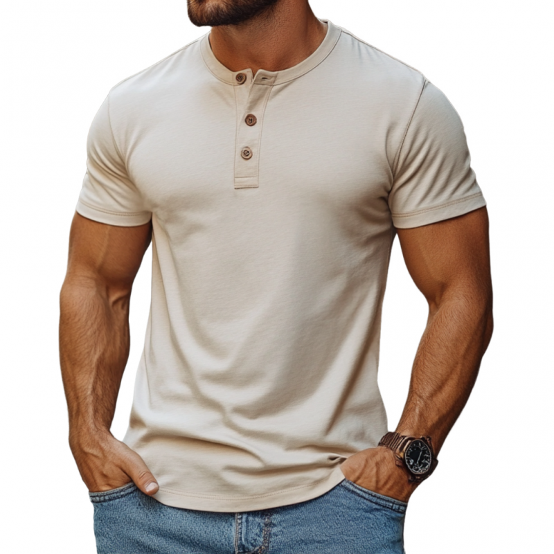 Men's Casual Solid Color Premium Cotton Henley Collar Slim Fit Short Sleeve T-Shirt MTA0817E2M