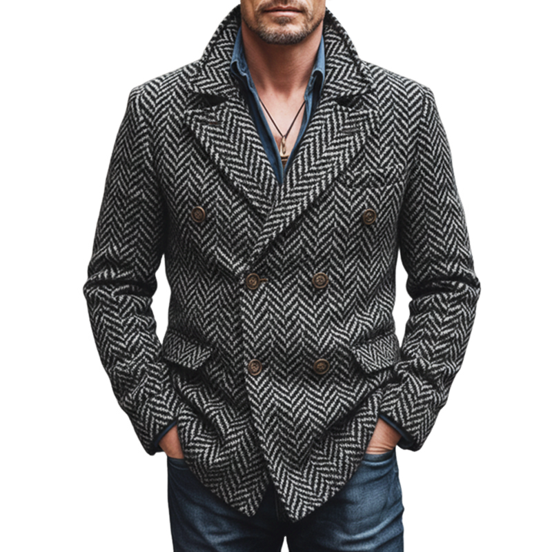 Men's Classic Herringbone Double-Breasted Faux Wool Blazer MTA2029J0U
