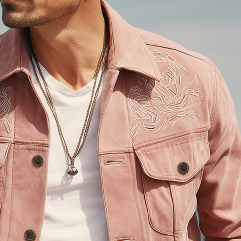 Men's Vintage Embroidered Light Pink Suede Jacket MTA0688H2U