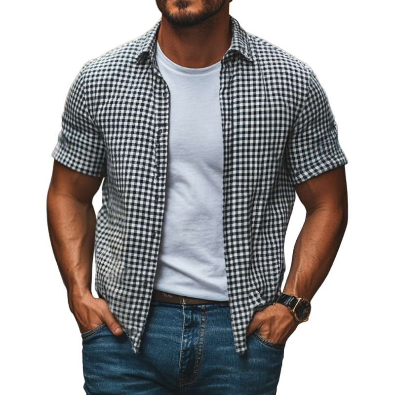 Men's Vintage Cotton Plaid Lapel Loose Short Sleeve Shirt MTA1238E8M