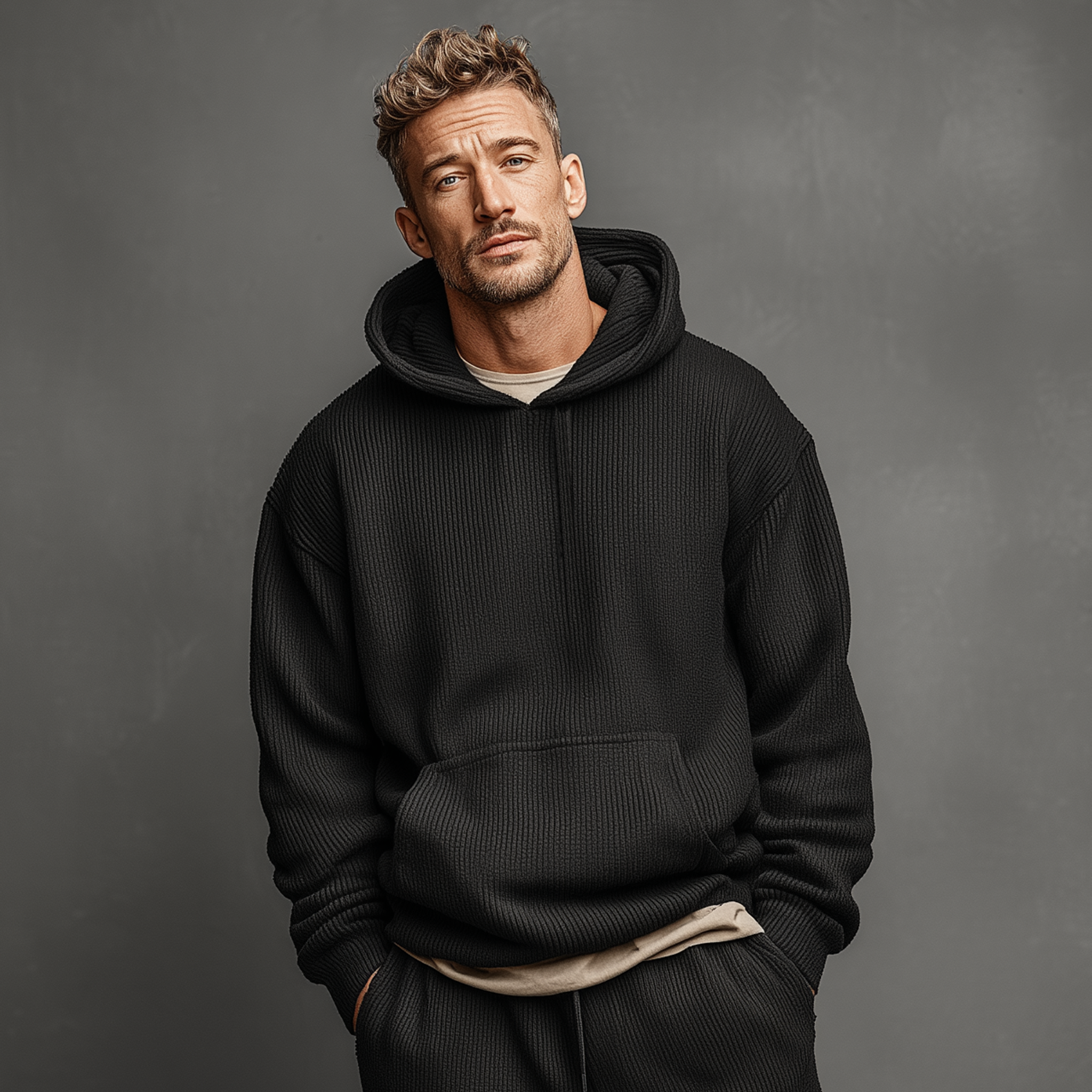 Men's Classic Casual Striped Knit Hooded Sweatshirt Elastic Waist Pants Set MTA1541J0K