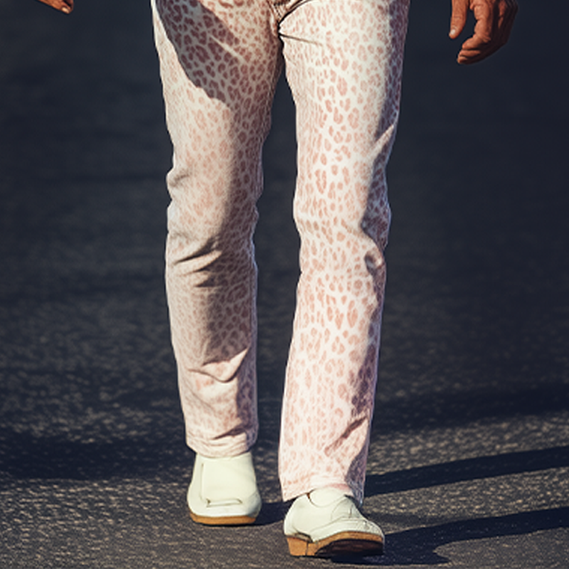 Men's Spring And Summer Fashion Retro Western Cowboy Style Washed Denim Pink Leopard Print Casual Pants MTA1363E7K