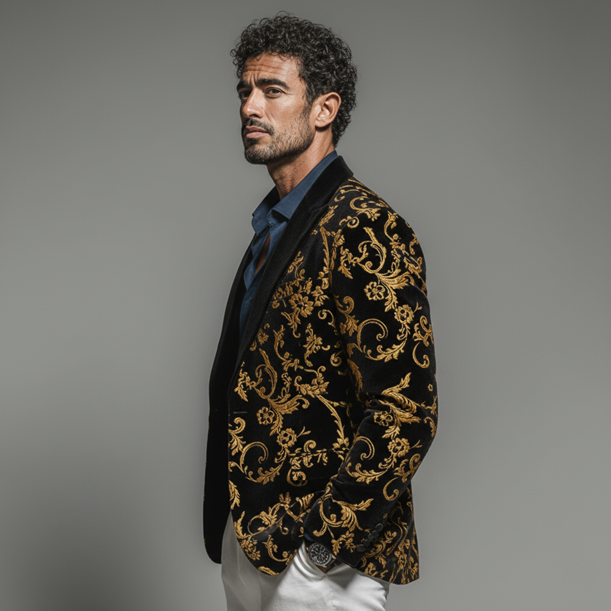 Men's Classic Vintage Velvet-feel Printed Single-breasted Blazer MTA2062L5K