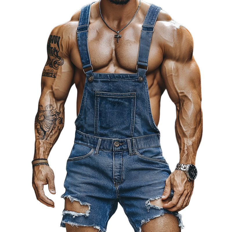 Men's Retro Casual Ripped Denim Washed And Worn Bib Shorts MTA0961E2TO