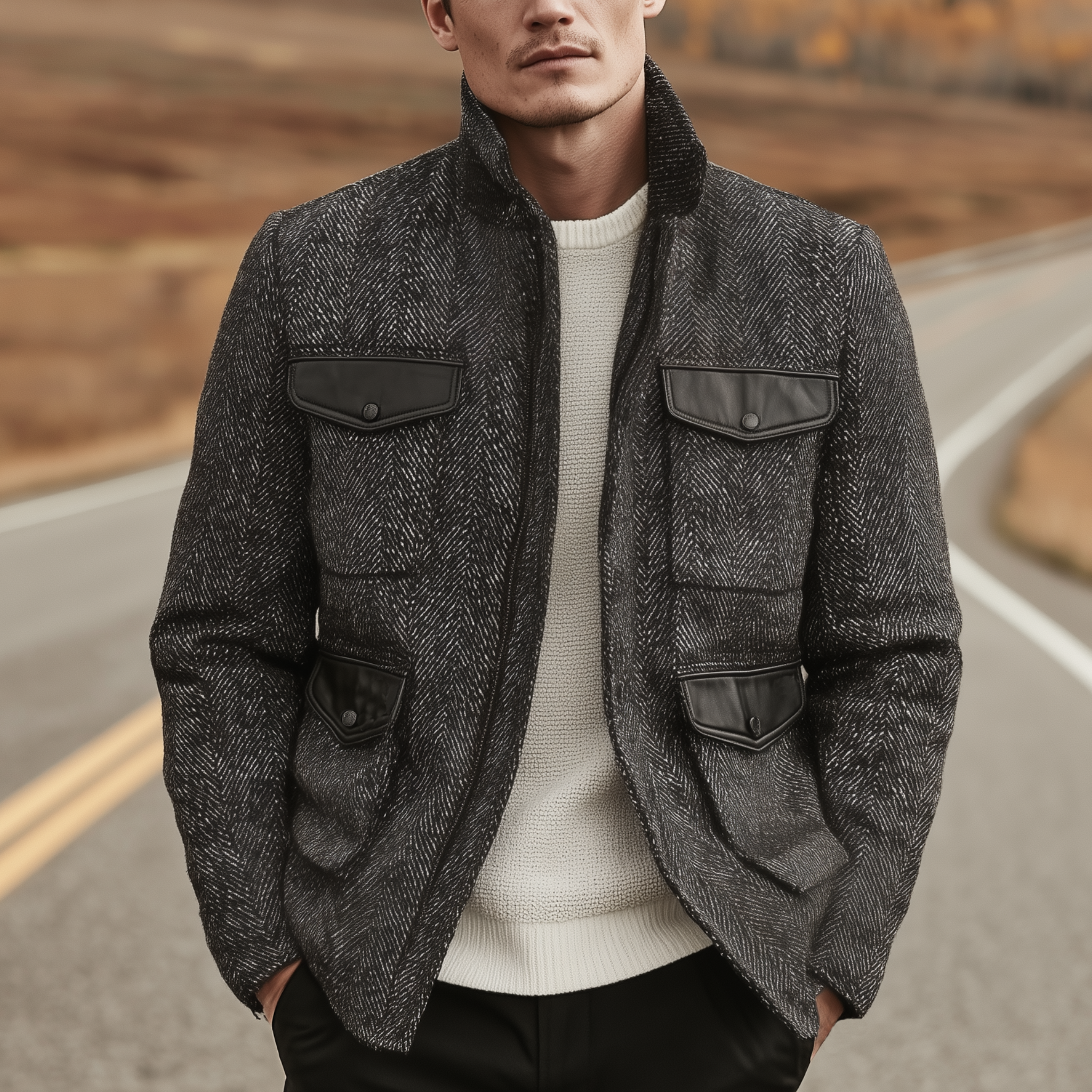 Men's Classic Casual Stand-up Collar Pocket Stitching PU Leather Zipper Herringbone Jacket MTA1525I9K
