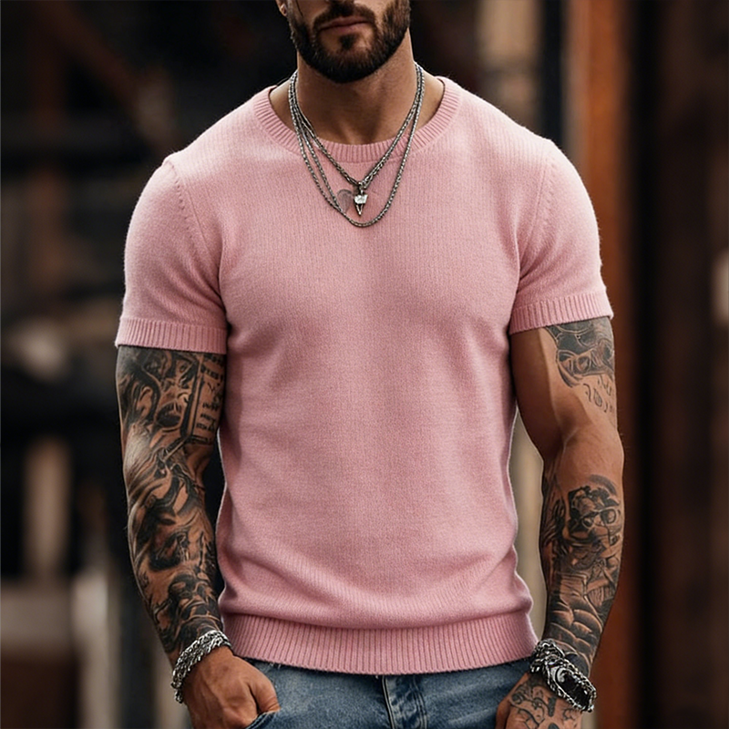 Men's Retro Casual Knitted Crew Neck Short-Sleeved T-shirt MTZ2783A8TO