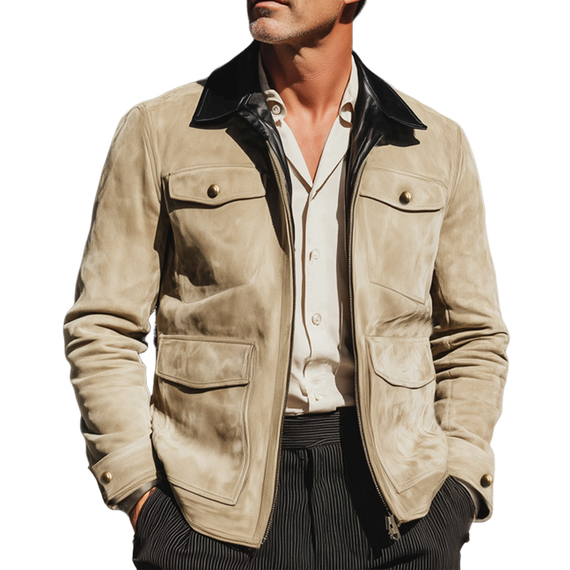 Men's  Suede And PU Leather Collar Zip-up Fitted Jacket MTA1604I1U