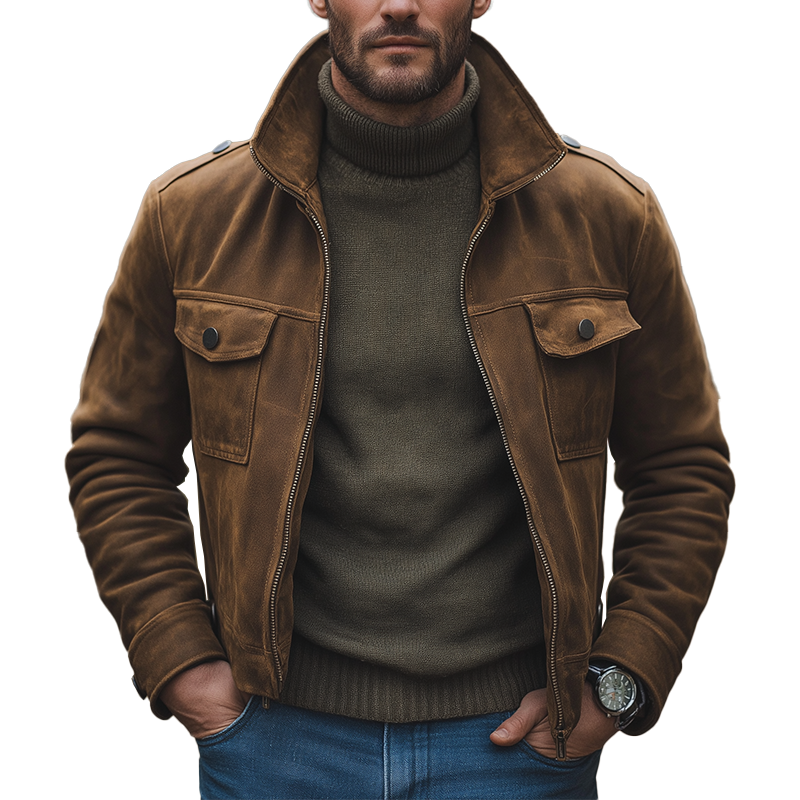 Men's Winter Retro Faux Suede Multi-Pocket Stand Collar Jacket MTA2743K3P