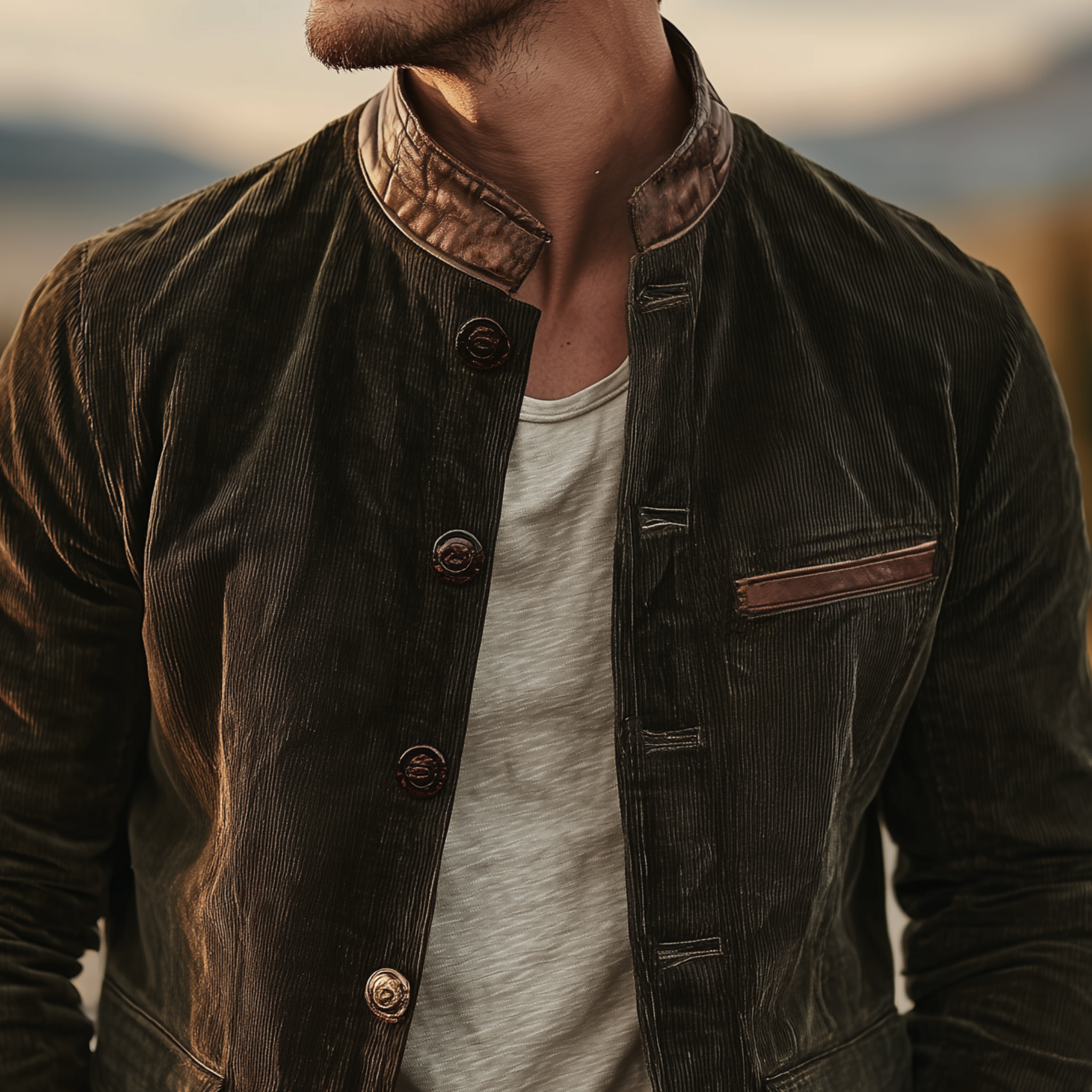 Men's Classic Retro Western Style PU Leather Stand Collar And Cuffs Slim Corduroy Jacket MTA1329I5K