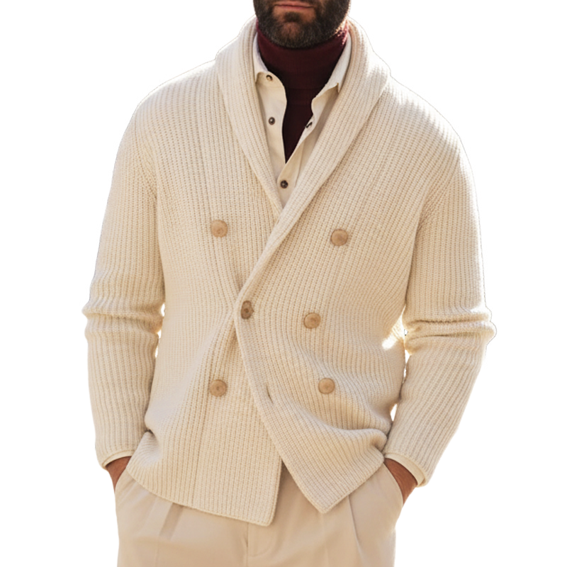 Men's Elegant Off-White Double-Breasted Knitted Cardigan MTA1849I3U
