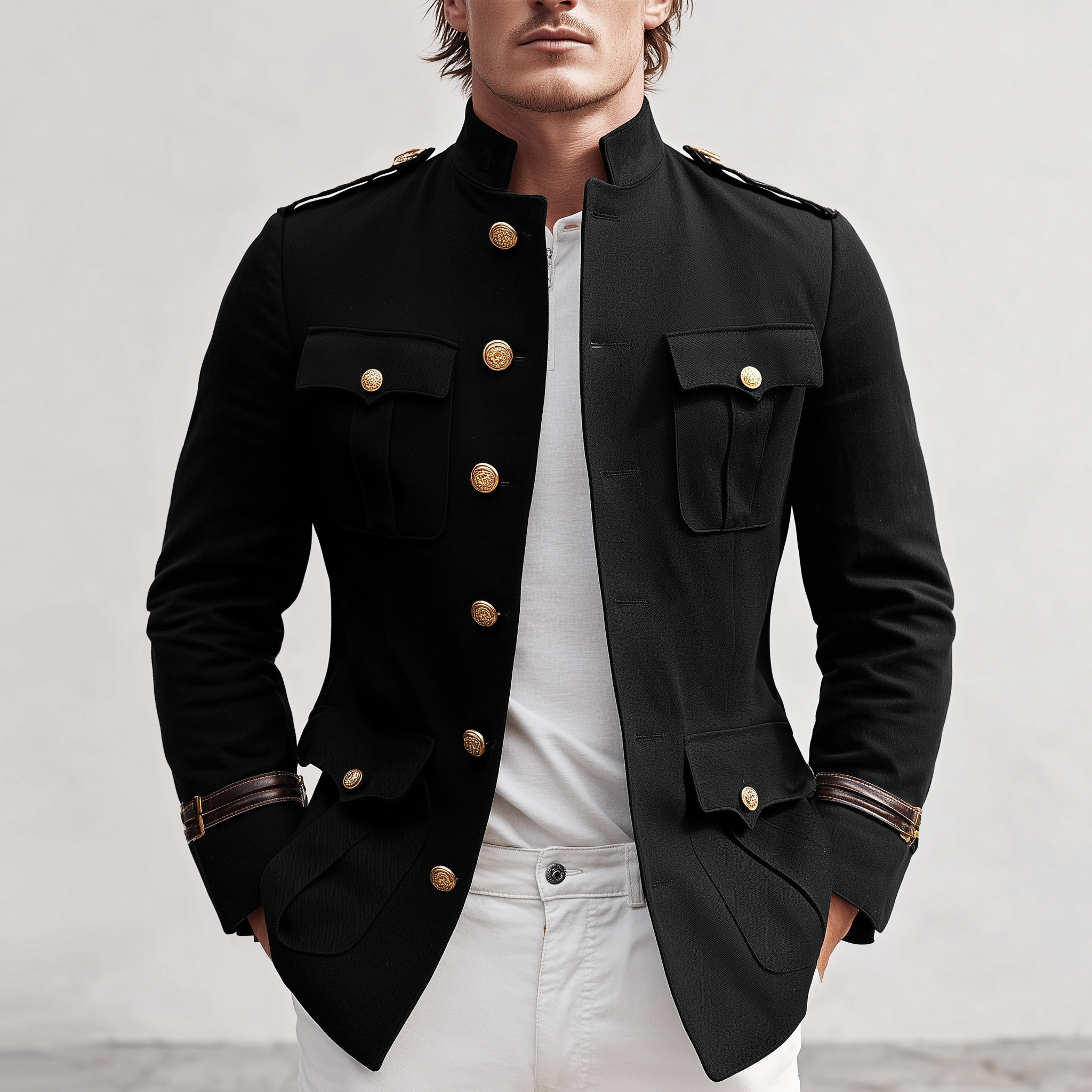 Men's Classic Retro Stand Collar Multi-pocket Twill Cotton Slim Fit Jacket MTA3055H4K