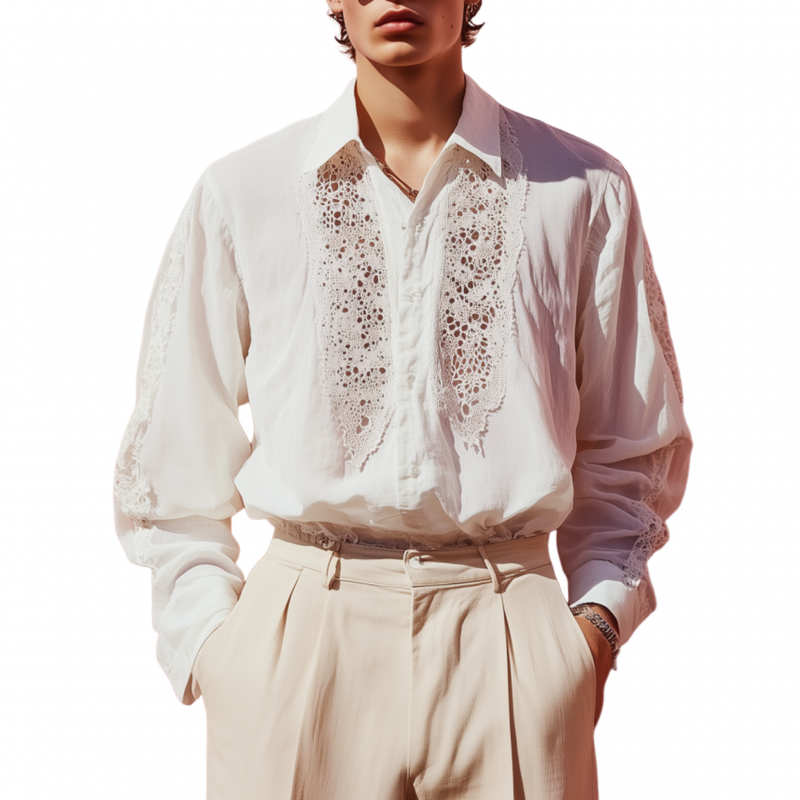 Men's Casual Breathable Lace Chiffon Patchwork Lapel Loose Long-sleeved Shirt MTA2090F1M