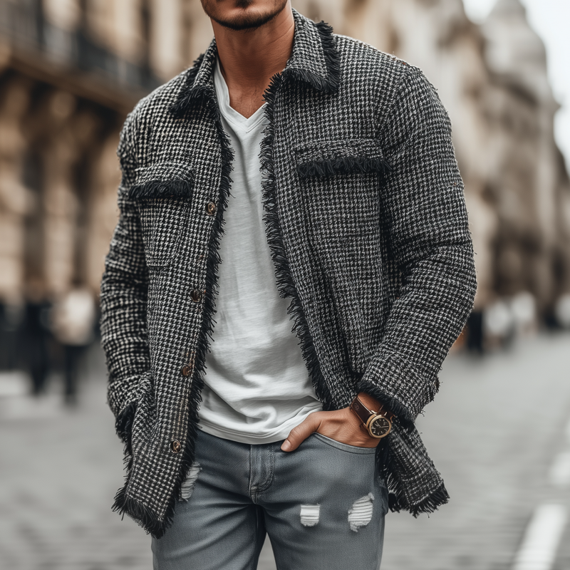 Men's Fashion Houndstooth Patchwork Tassel Edge Lapel Chest Pocket Single Breasted Mid-Length Jacket MTA1772G7M