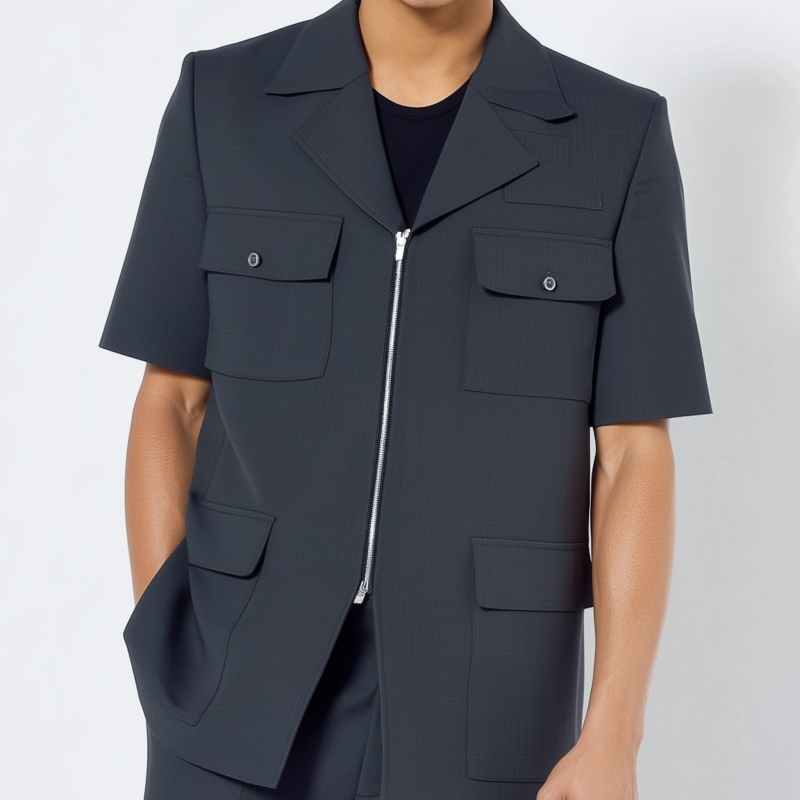 Men's Casual Solid Color Cotton Blend Notch Lapel Zipper Placket Multi-Pocket Short Sleeve Jacket MTA1549G1M