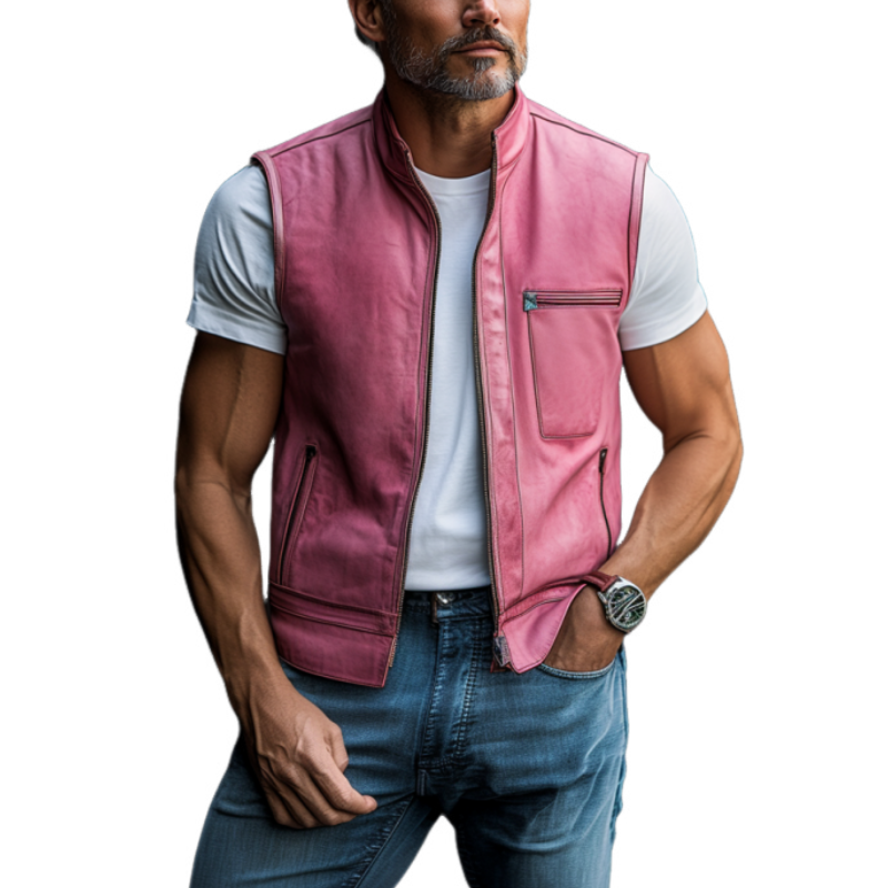 Men's Stylish Casual Stand Collar Multi-pocket Leather Vest 43888443K