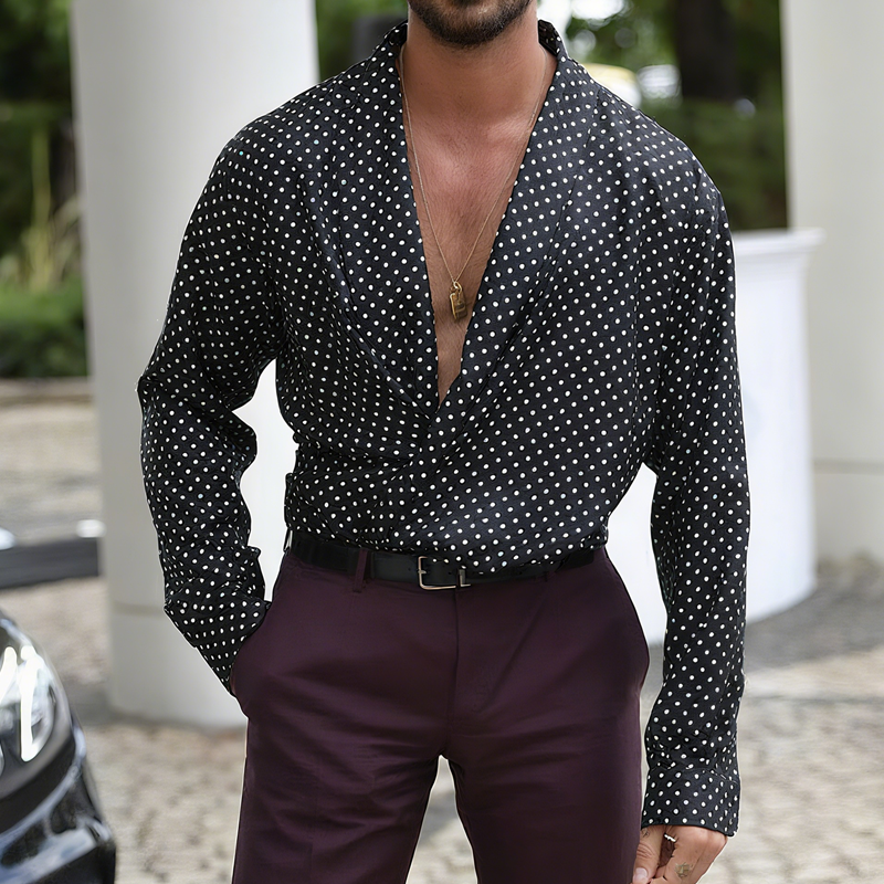 Men's Polka Dot Satin Lapel Long Sleeve Shirt MTA2135G5Z
