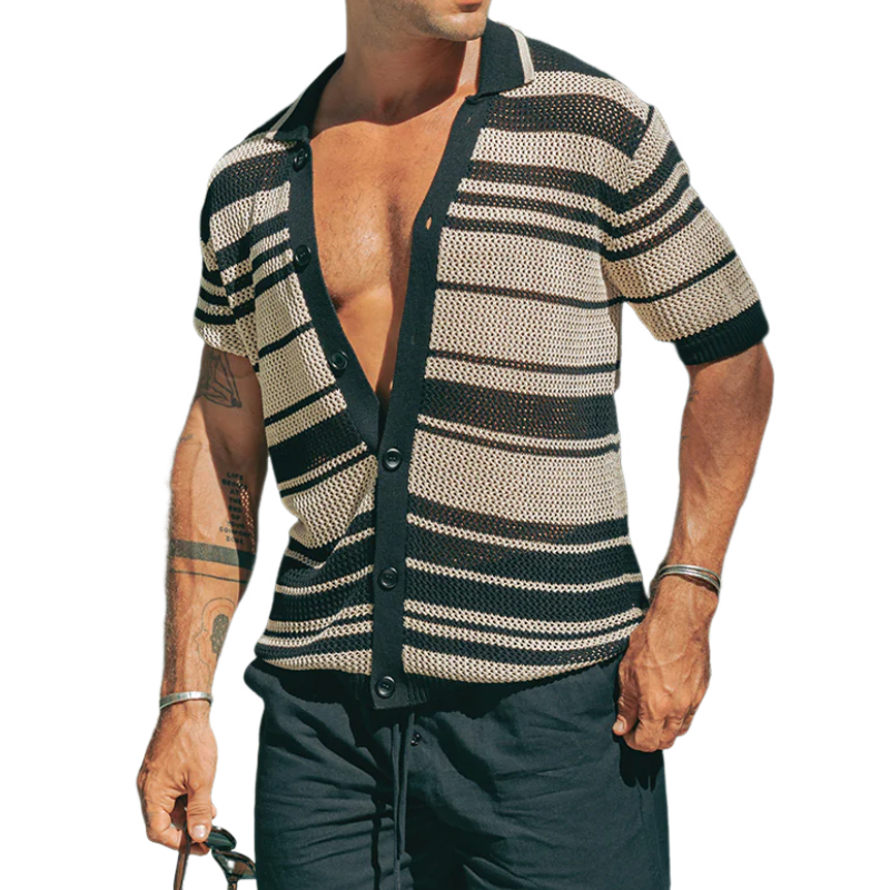 Men's Spring And Summer Fashion Casual Hollow Horizontal Striped Knitted Short-sleeved Shirt MTA0457G3K