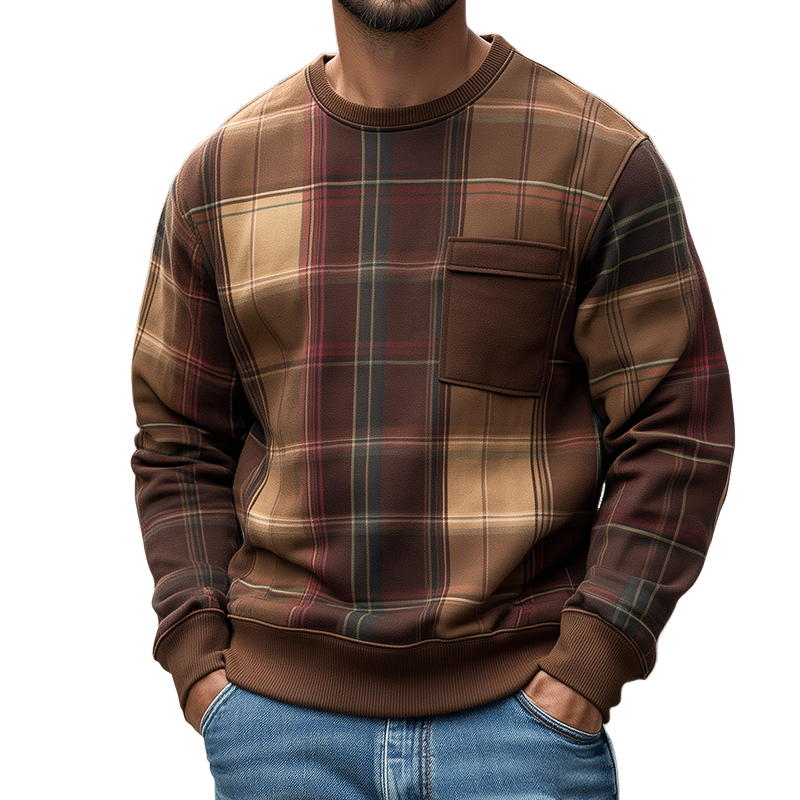 Men's Retro Casual Plaid Print Crew Neck Sweatshirt MTA1938H9TO